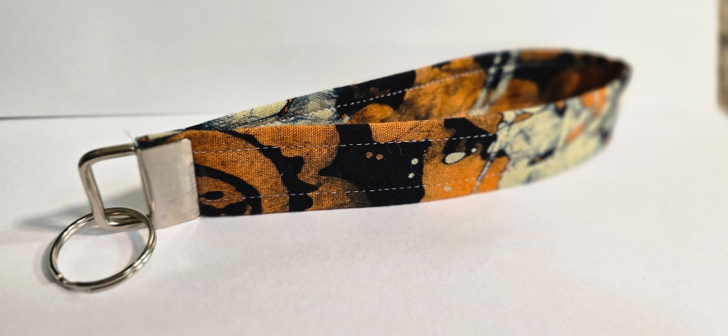 Orange Patterned Wristlet Keychain - Handmade Fabric Strap