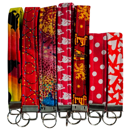 Red Patterned Wristlet Keychain - Handmade Fabric Strap
