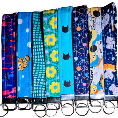 Blue Patterned Wristlet Keychain - Handmade Fabric Key Fob