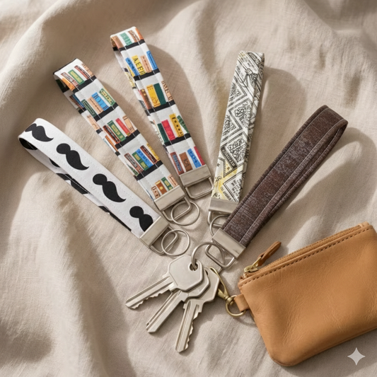 Cream and Brown  Aesthetic Fabric Wristlet - Neutral Boho Key Fob