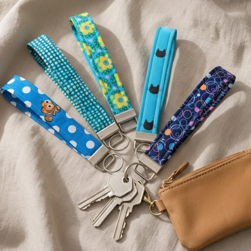 Blue Patterned Wristlet Keychain - Handmade Fabric Key Fob