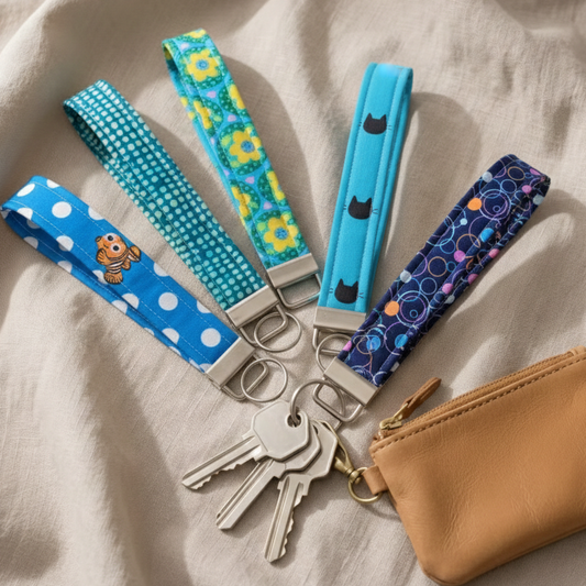 Blue Patterned Wristlet Keychain - Handmade Fabric Key Fob