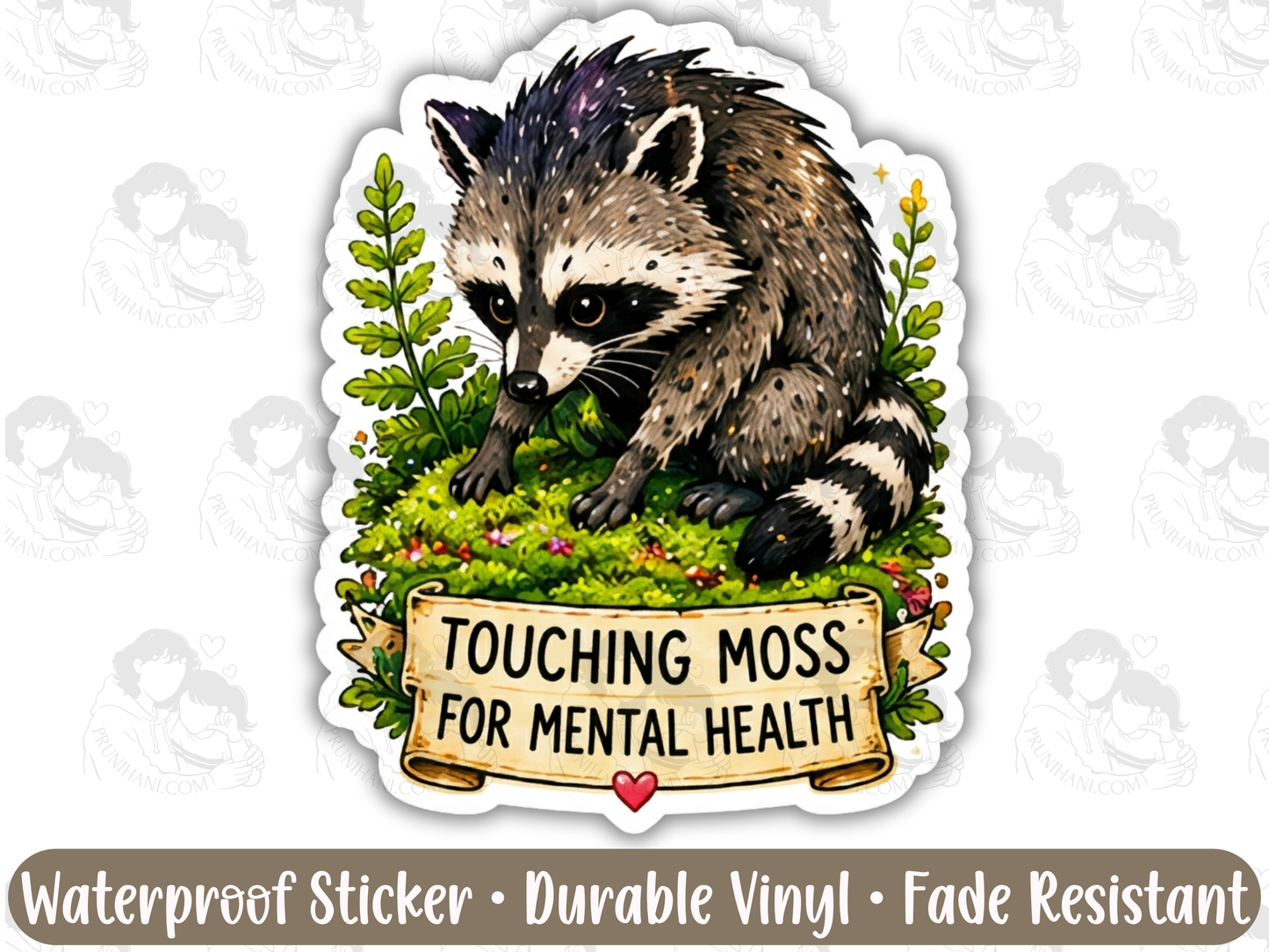 Touching Moss for Mental Health Cozy Raccoon Sticker for Burnt Out Introverts