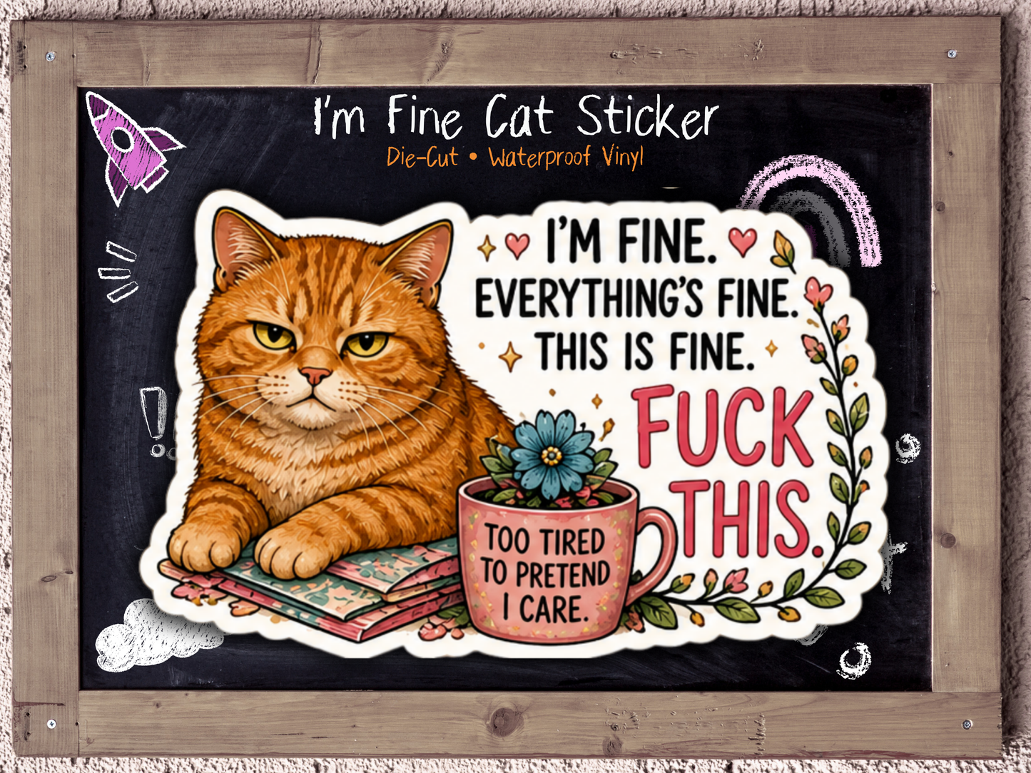 I’m Fine Everything’s Fine Cat Sticker | Burnout Humor Vinyl