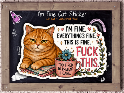 I’m Fine Everything’s Fine Cat Sticker | Burnout Humor Vinyl