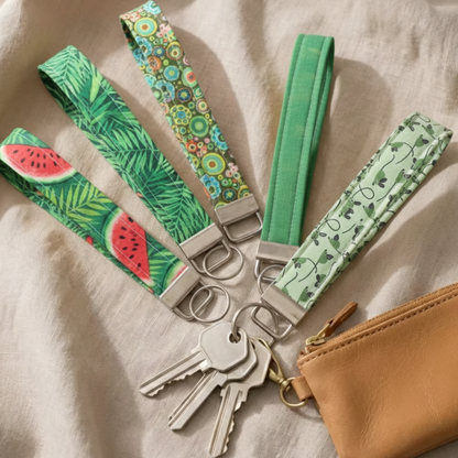 Green Patterned Fabric Wristlet Key Fob - Plant Lover Gift Keychain