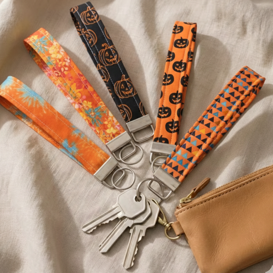 Orange Patterned Wristlet Keychain - Handmade Fabric Strap
