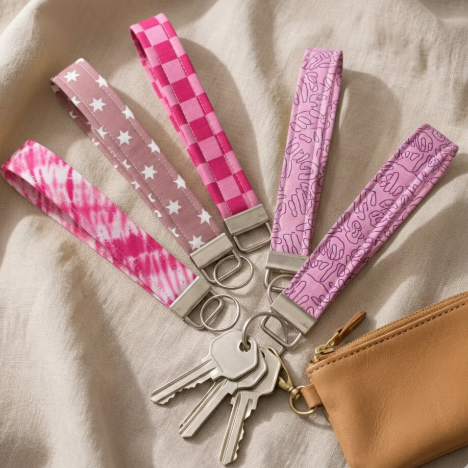 Pink Fabric Wristlet Key Fob - Girly Keychain Accessory