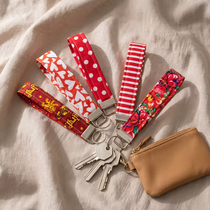 Red Patterned Wristlet Keychain - Handmade Fabric Strap