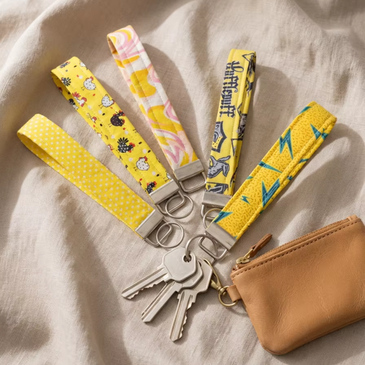 Yellow Patterned Wristlet Keychain - Bright Fabric Key Fob