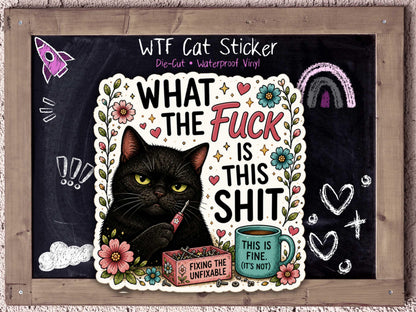 What The Fuck Is This Shit Black Cat Sticker for Burnt Out Cat Moms & Chaos Goblins